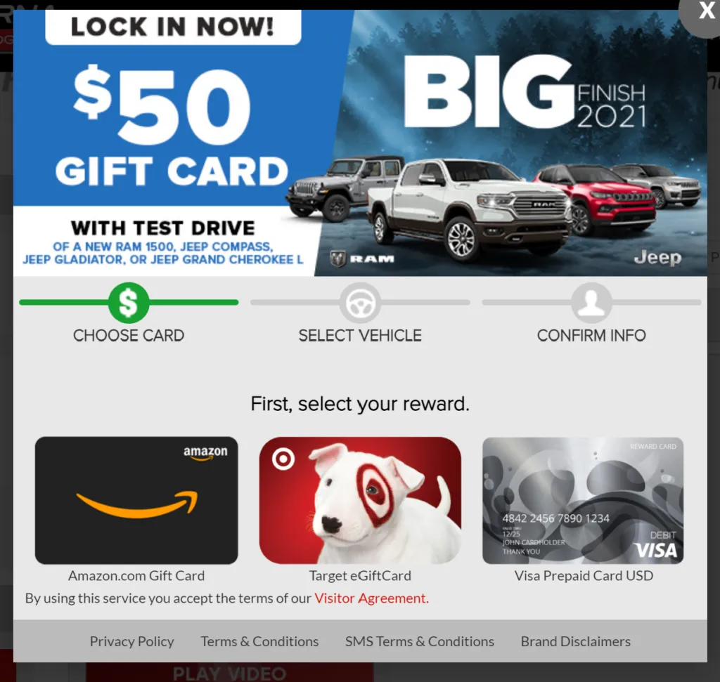 FREE $50 Gift Card for Test Driving a Jeep or RAM Vehicle 1 FREE $50 Gift Card for Test Driving a Jeep or RAM Vehicle